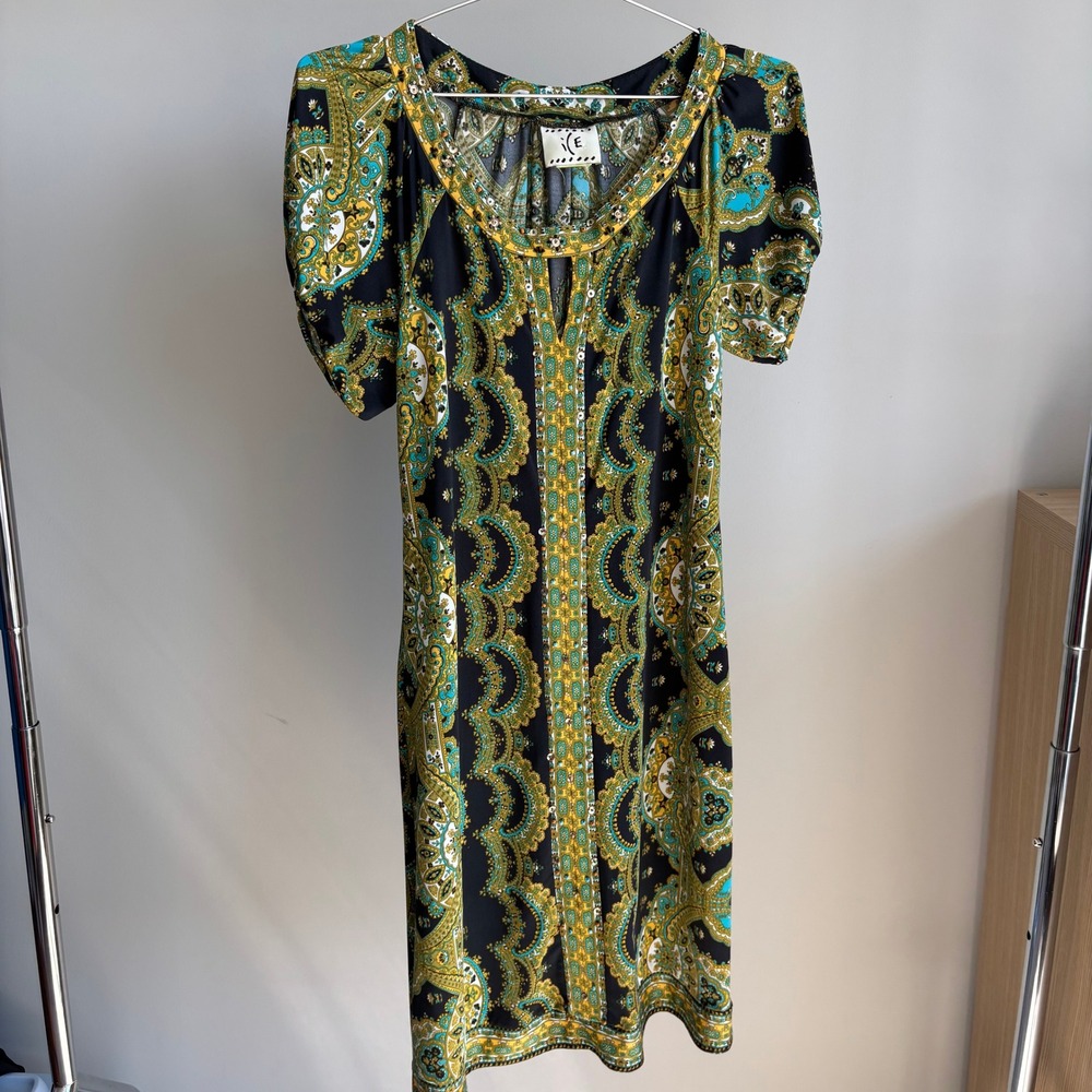 Vintage Ice Paisley Beaded Sheath Dress S Puff Sleeve Y2K Funky Chic